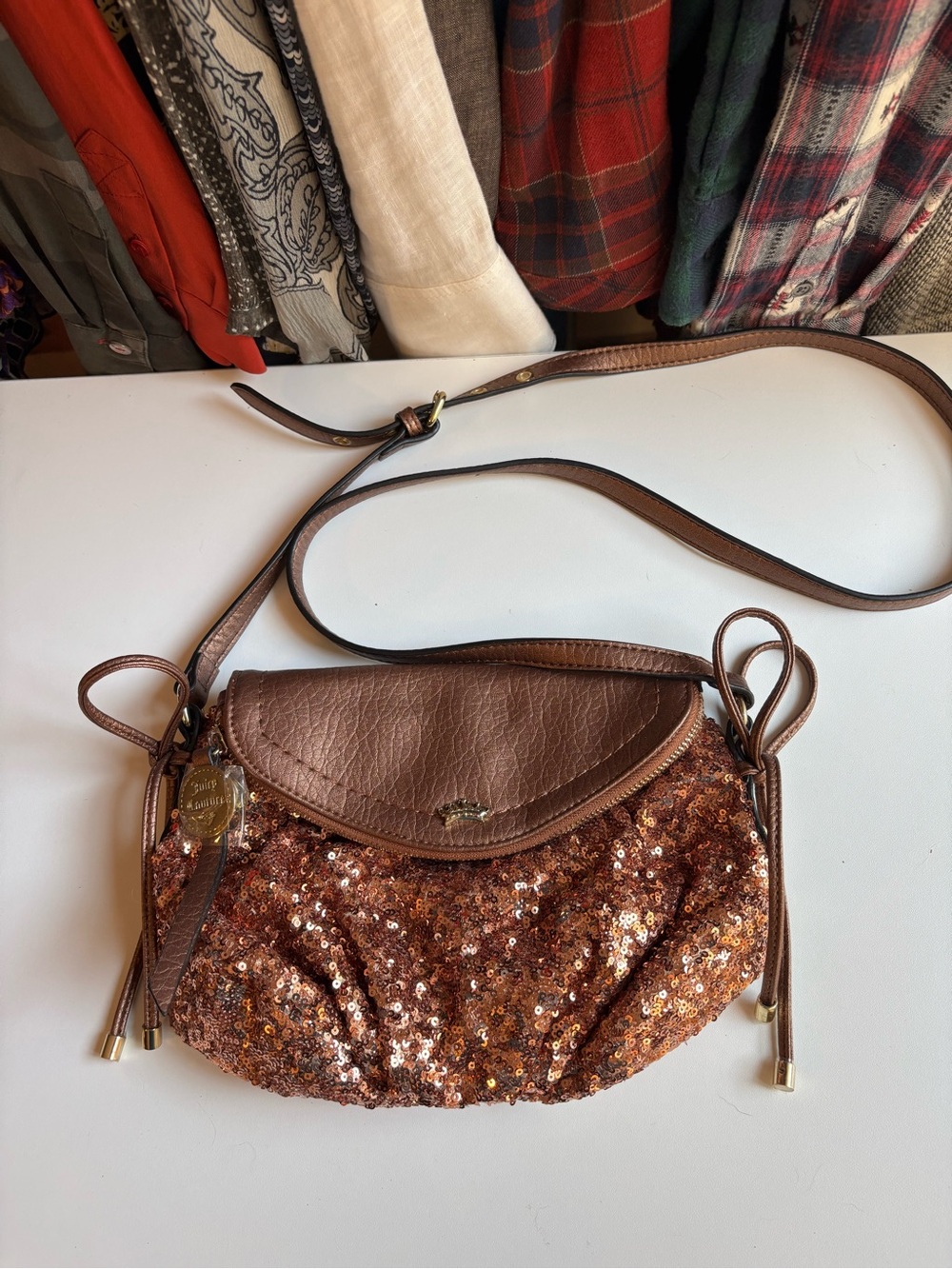 Juicy Couture Brown Sequin Crossbody Bag with Leather Flap
